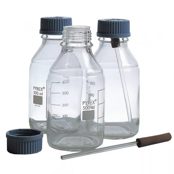CONT 75-B0011/A1 Testfles 500 ml. Pyrex glas, 81x175mm met schroefdop.