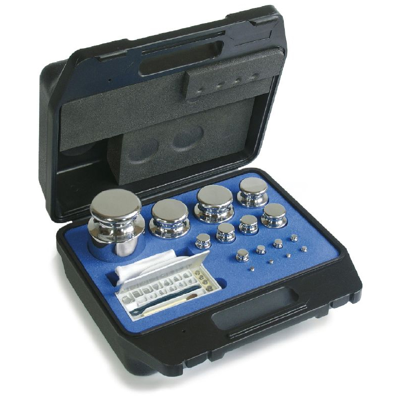 Set of weights E1, cylindrical shape, polished stainless steel, plastic box